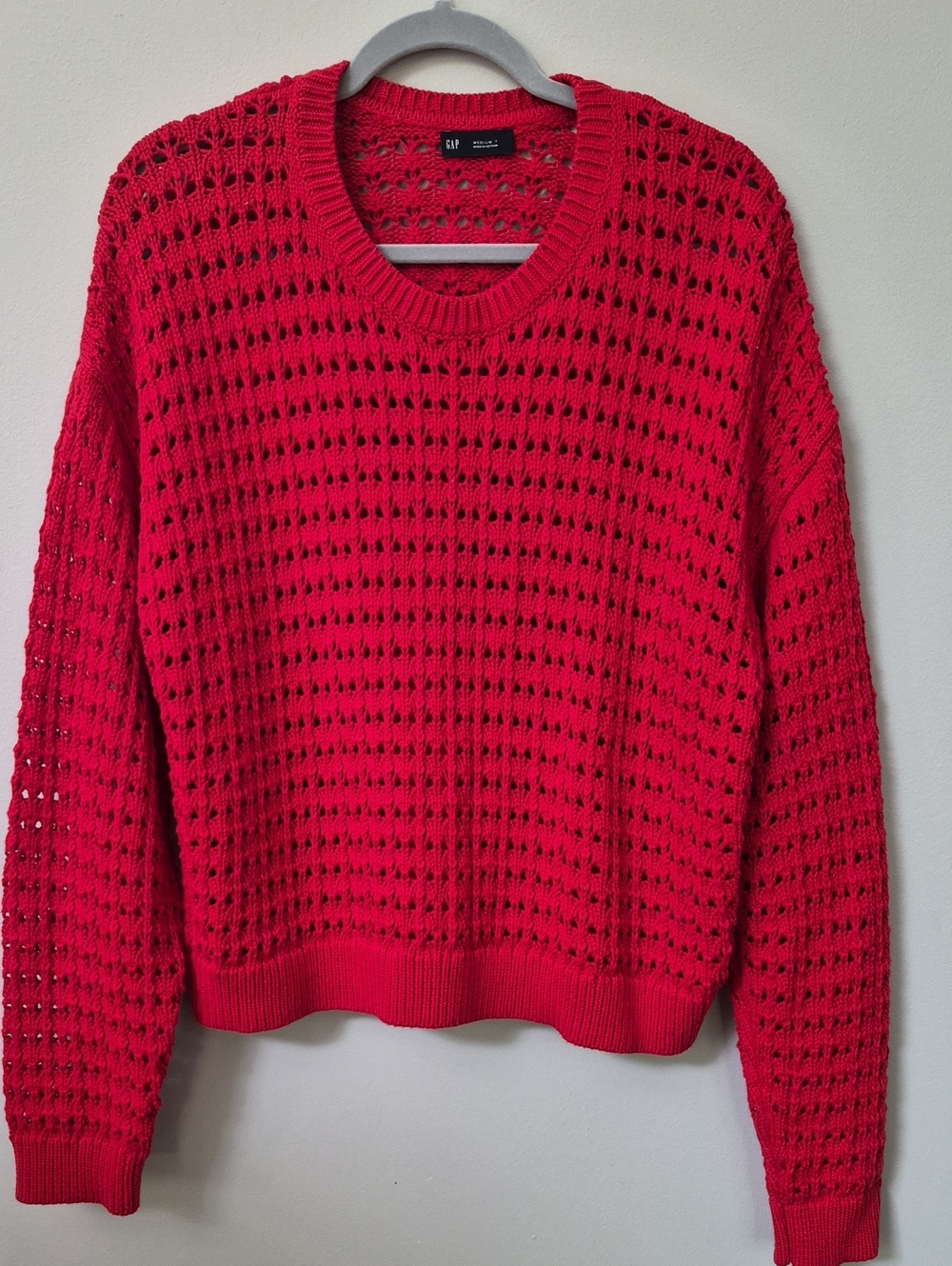 GAP Open-Knit Crochet Cotton Crewneck Sweater Womens MT Red Tomato Sauce Coastal